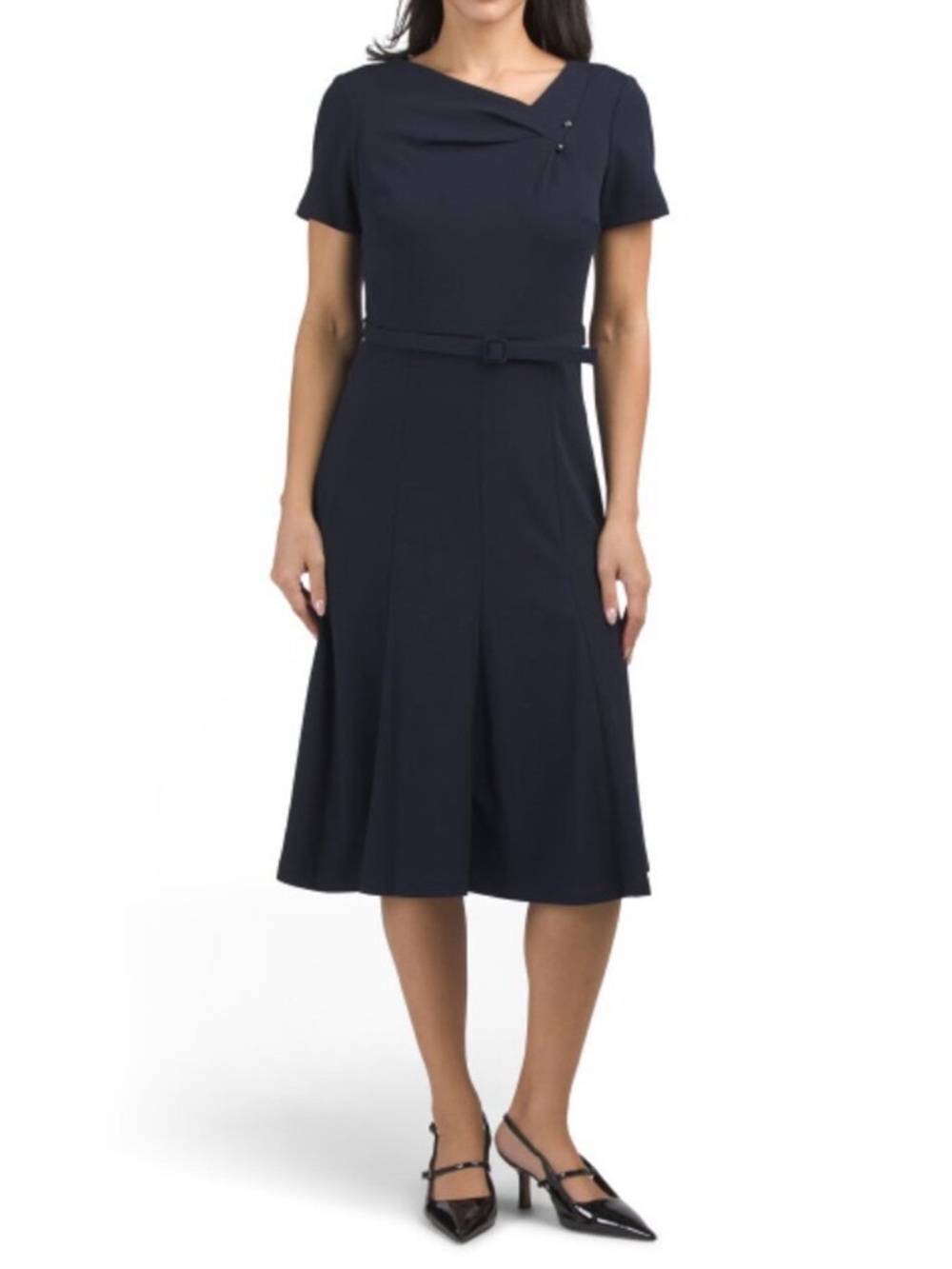 CALVIN KLEIN Belted Asymmetrical Neck Pleated Midi Dress - Picture 1 of 6